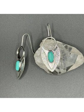 Silver Tone and Turquoise Hook Earrings #1374